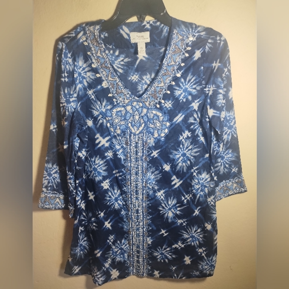 Chicos Top Beaded Embroidered Boho Coastal Beach Tunic Top